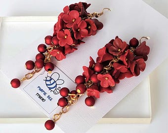 Red Flower Dangle Earrings, Polymer Clay Floral Jewelry, Handmade