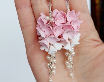 Long Pink Floral Earrings, Handmade Polymer Clay Flower Bridal Jewelry