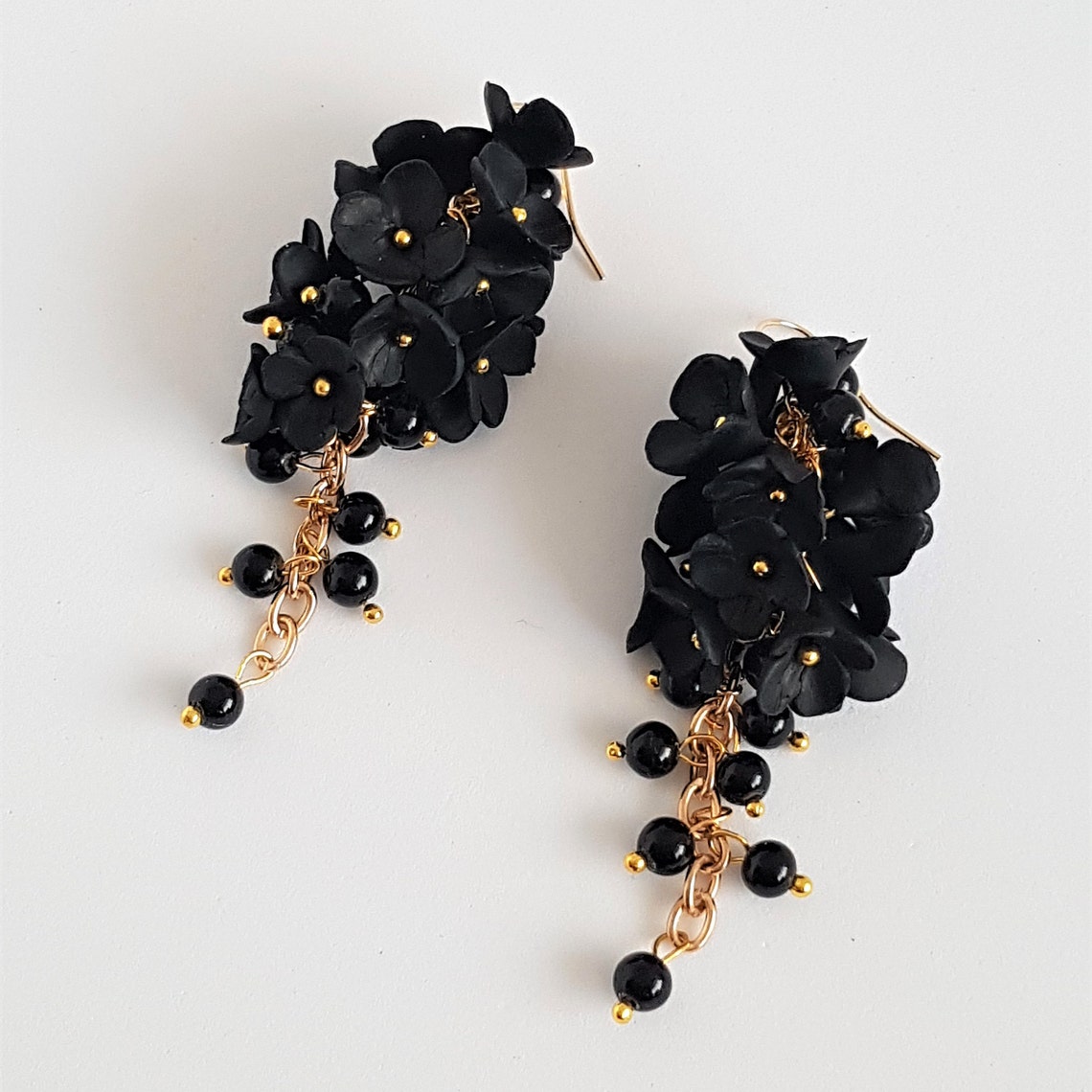 Cluster Flower Earrings Black Polymer Clay Etsy