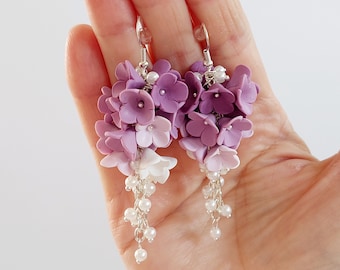 Boucles d'oreilles florales lilas Boucles d'oreilles de demoiselle d'honneur longues fleurs Boucles d'oreilles de mariage Cadeau fait main pour elle