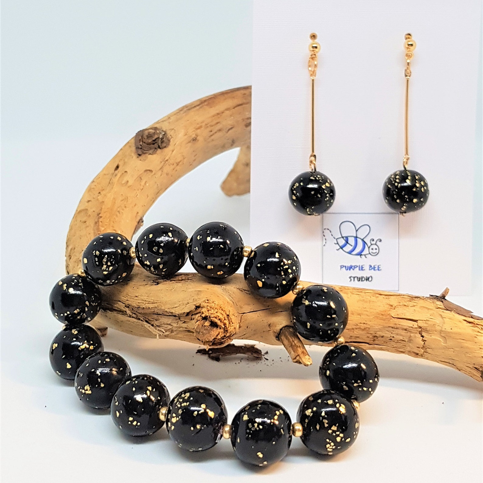 Black and Gold Bead Bracelet Clay Bead Bracelet Etsy