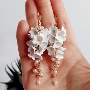 Long Floral Earrings White Bridal Flower Jewelry Wedding Earrings Clay Handmade Gift For Her