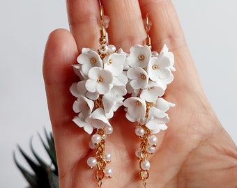 Long Floral Earrings White Bridal Flower Jewelry Wedding Earrings Clay Handmade Gift For Her