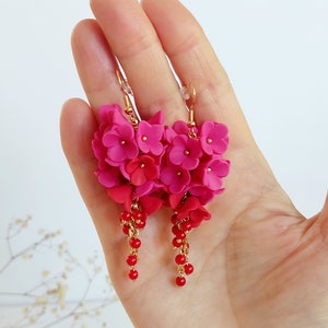 Long Flower Earrings Pink, Red Earrings,  Floral Jewelry, Hot Pink Earrings, Wedding Earrings, Mothers Gift, Handmade Gift