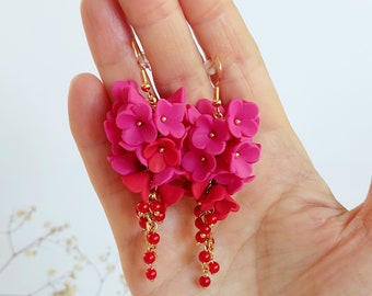 Handmade Polymer Clay Flower Earrings, Red and Pink Floral Jewelry