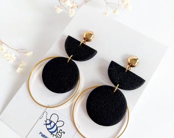 Black Earrings, Polymer Clay Jewelry, Long Hoop Earrings