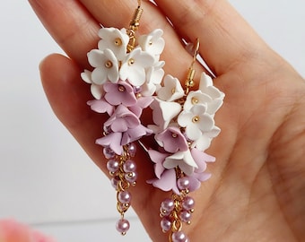 Long Flower Earrings Lilac Wedding Jewelry, Bridesmaid Earrings, Bridal Party Earrings, Wedding Earrings