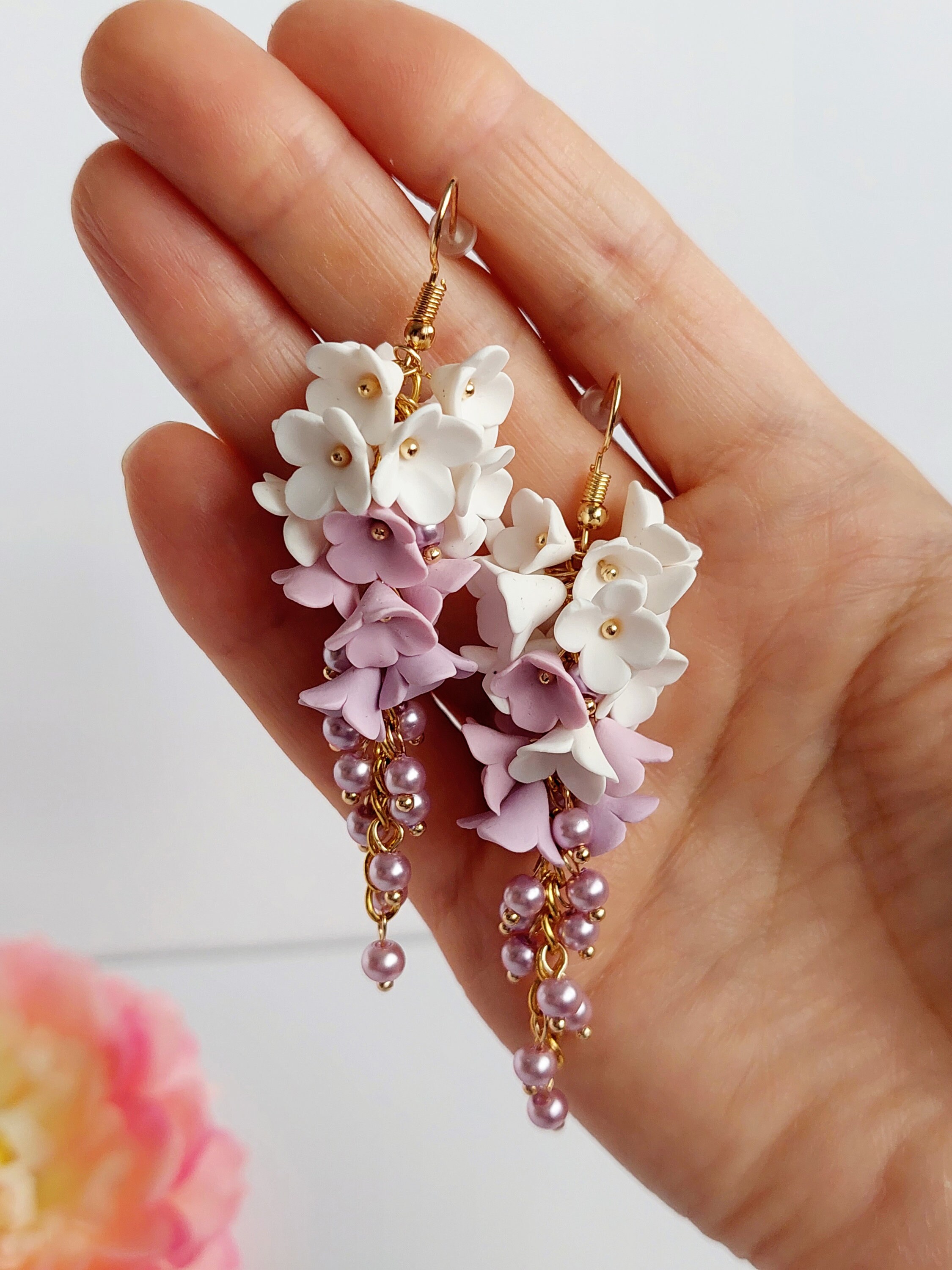 Long Flower Earrings Lilac Wedding Jewelry, Bridesmaid