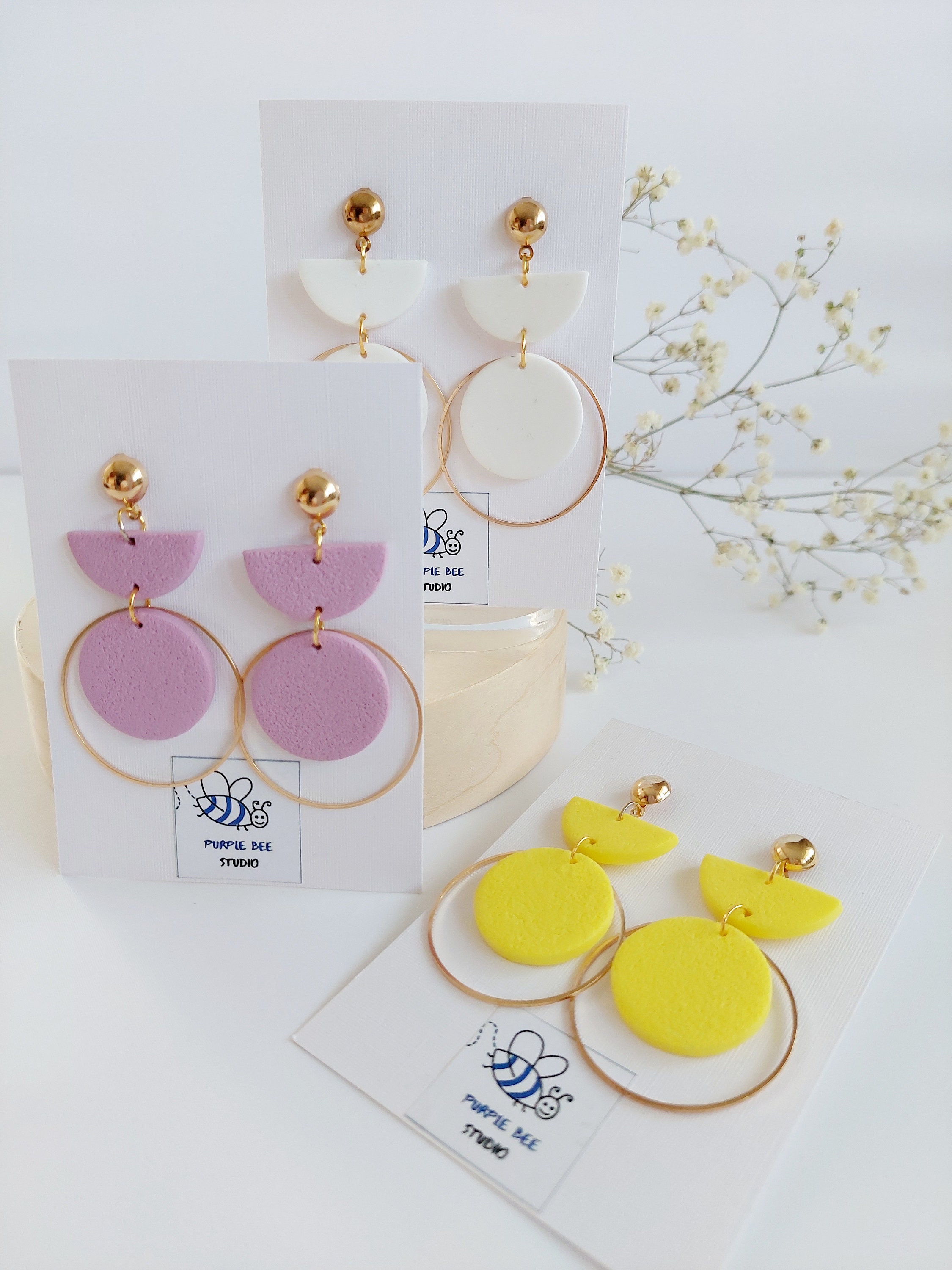 Yellow Clay Hoop Earrings, Handmade Minimalist Statement Jewelry