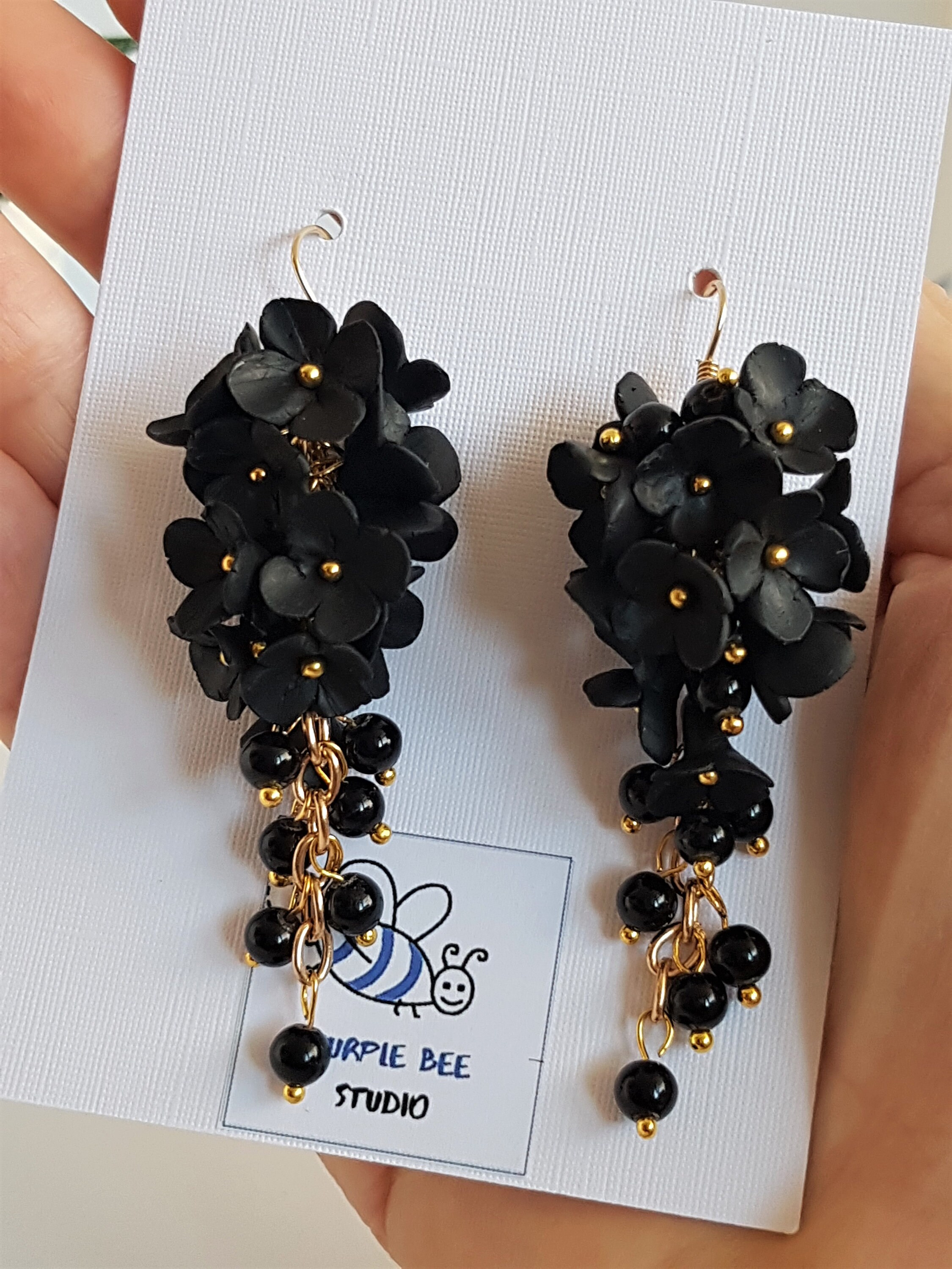 Cluster Flower Earrings Black Polymer Clay Etsy