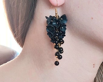 Black Flower Earrings Long Floral Earrings Bridesmaid, Weddings Earrings Black Handmade Gift For Her