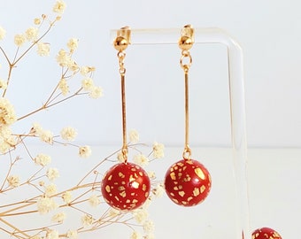 Red And Gold Bead Earrings, Red Jewelry, Red Bead Dangle Earrings Minimalist Handmade Gift For Her