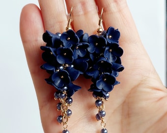 Long Flower Clustet Earrings Blue Floral JewelryHandmade Gift For Her