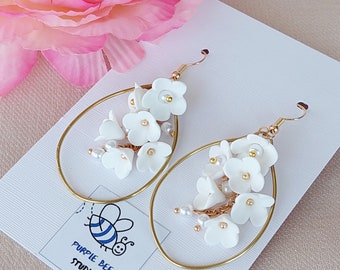 Long Flower Earrings White Hoop Flower Earrings Wedding Handmade Gift For Her