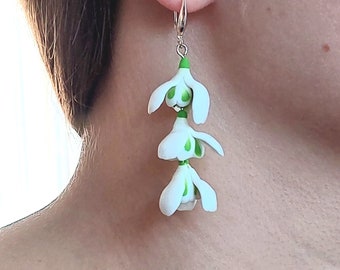 White Flower Earrings Long Floral Earrings Snowdrop  Clay Handmade Gift For Her