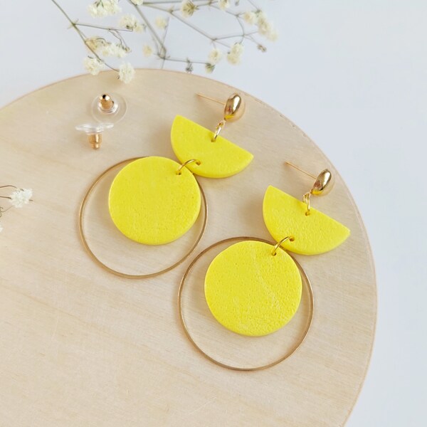 Yellow Earrings Flat Minimalist Earrings Long Yellow Clay Hoop Earrings Handmade Gift For Her