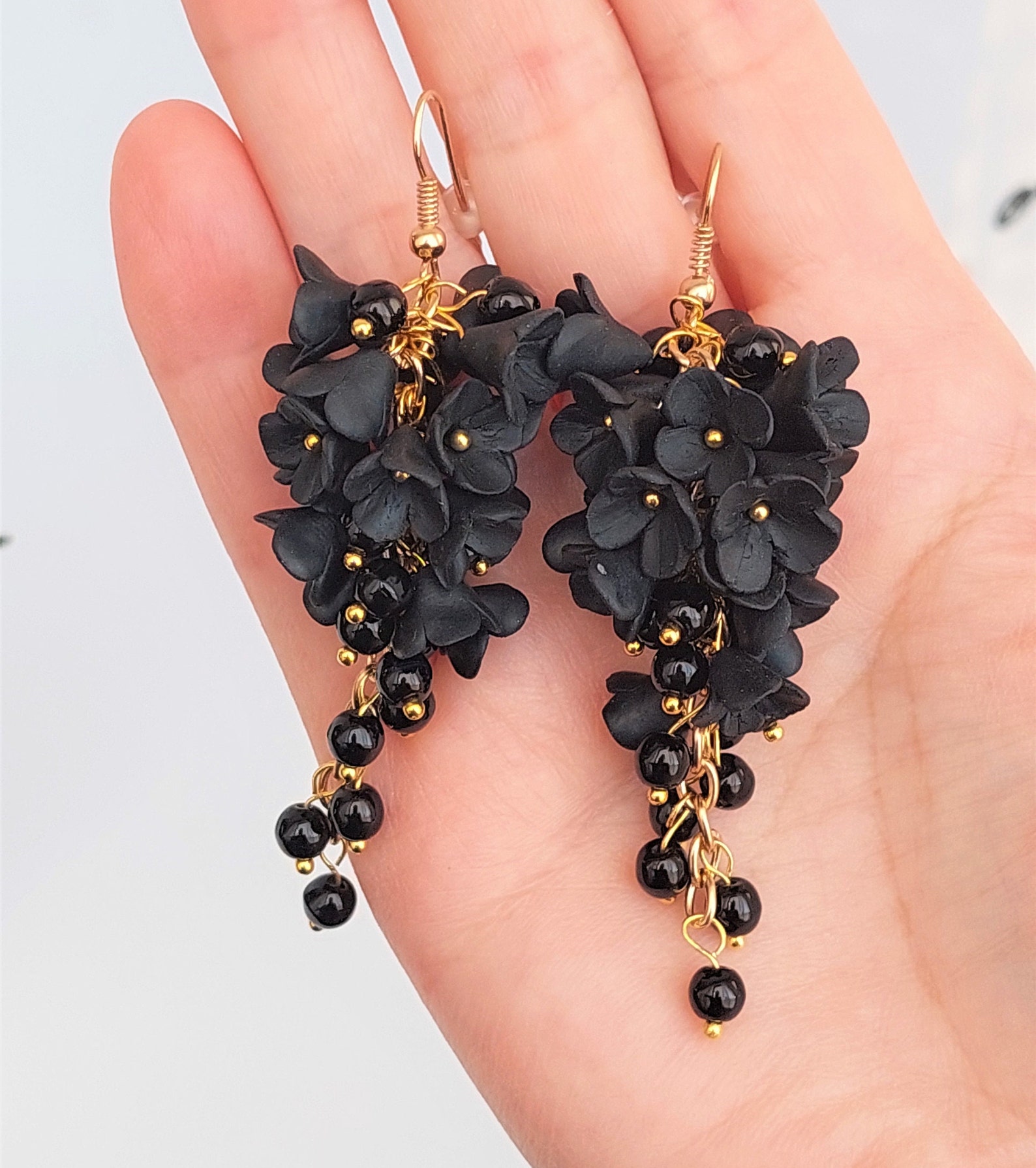 Cluster Flower Earrings Black Polymer Clay Long Flower Etsy
