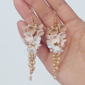 Long Floral Earrings Beige, Floral Jewelry, Bridesmaid Earrings, Bridal Party Earrings