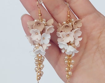 Long Floral Earrings Beige, Floral Jewelry, Bridesmaid Earrings, Bridal Party Earrings