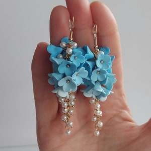 Long Flower Earrings Blue Floral Jewelry Wedding Earrings Bridesmaid Earrings Handmade Gift For Her