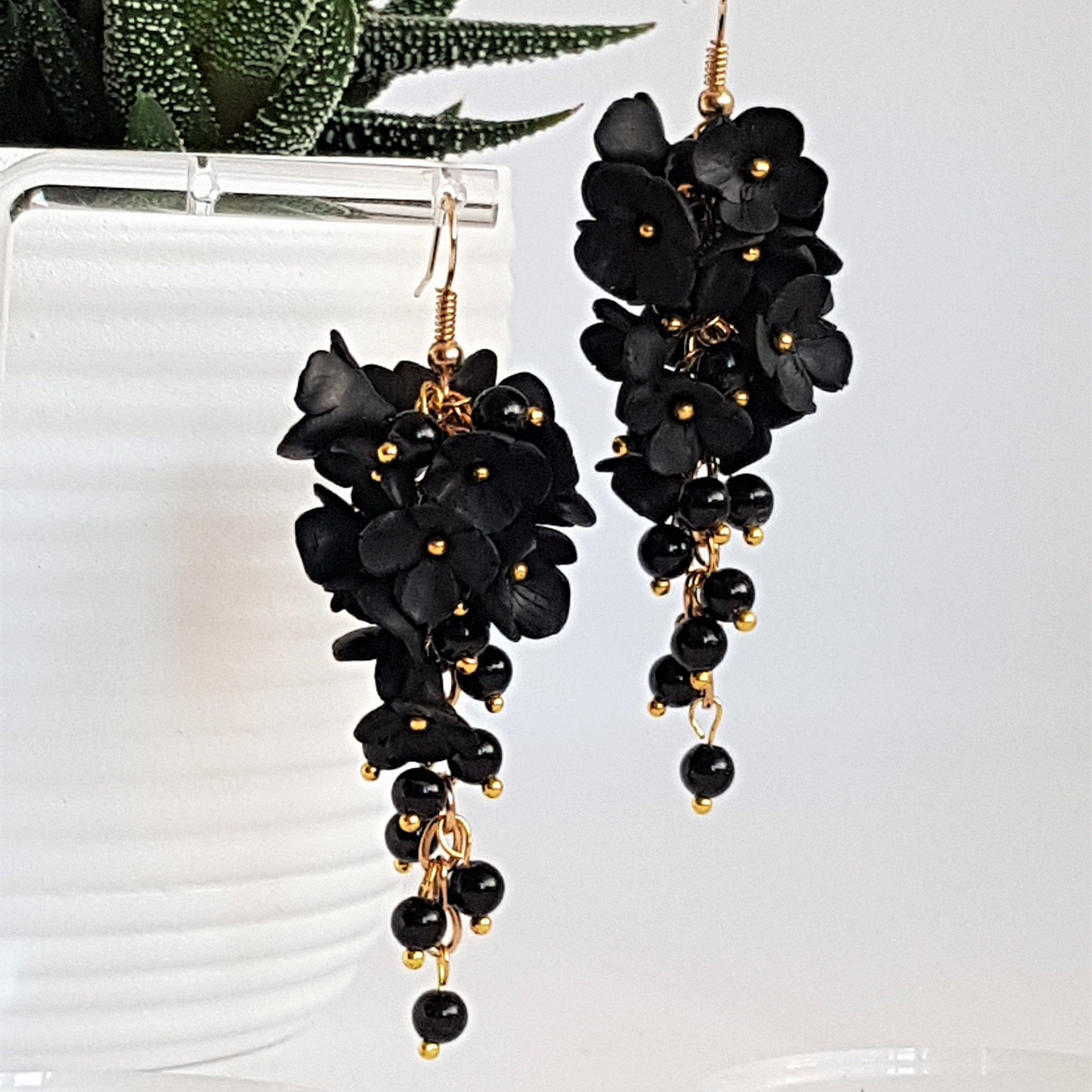 Cluster Flower Earrings Black Polymer Clay Etsy