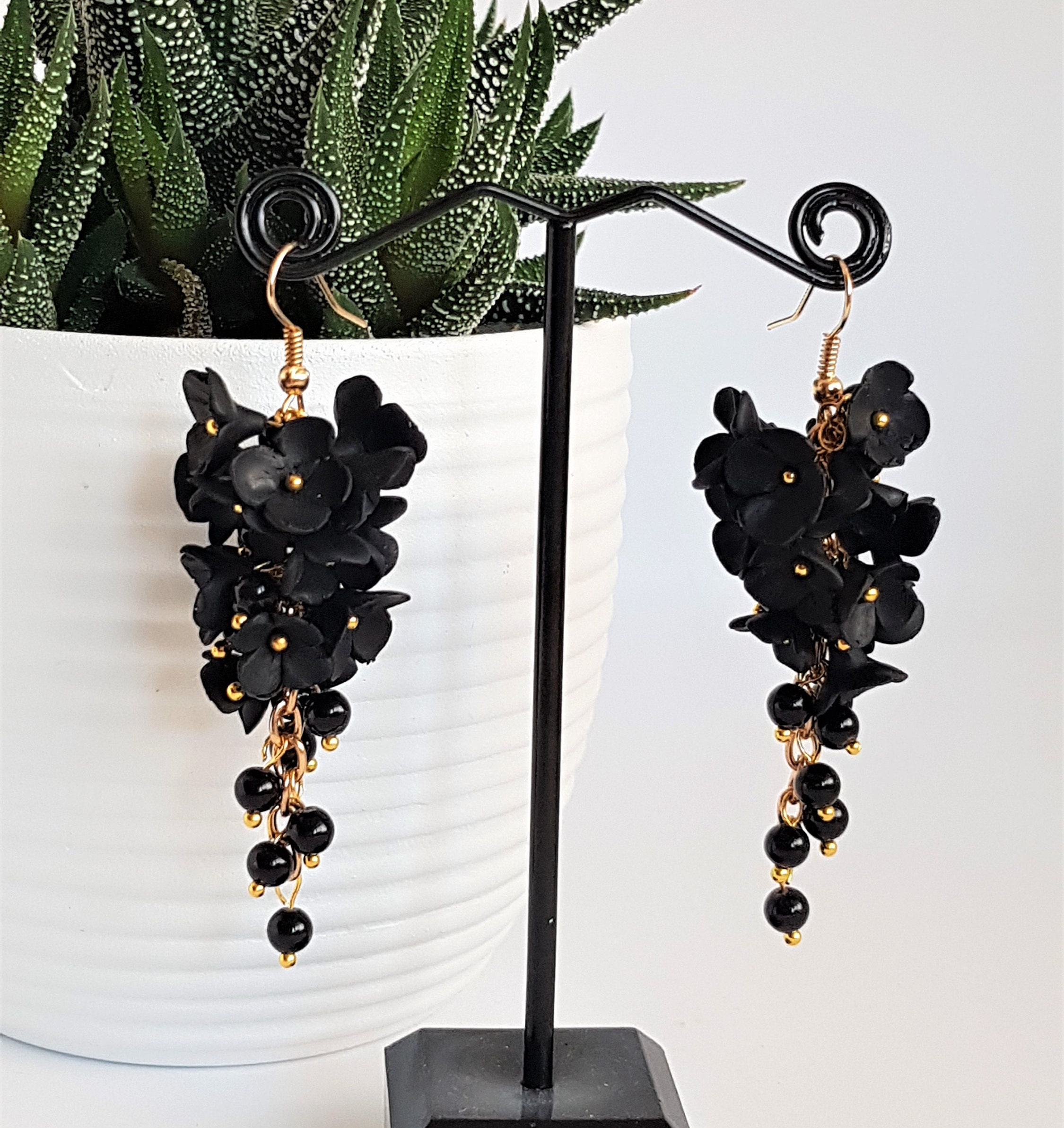 Cluster Flower Earrings Black Polymer Clay Etsy