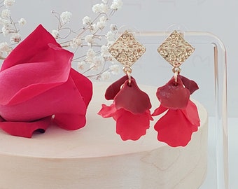 Red Rose Petal Earrings, Flower Earrings, Floral Jewelry, Handmade Gift