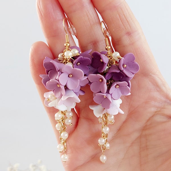 Lilac Floral Earrings Long , Flower Jewelry, Bridesmaid Earrings, Wedding Earrings, Handmade Gift