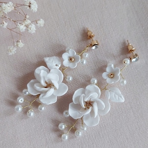 White Flower Earrings Long Floral Jewelry Wedding Earrings Handmade Gift For Her