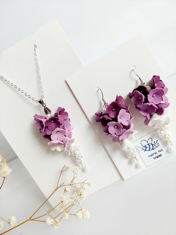 Lilac Floral Jewelry Set, Lilac Necklace And Earrings Handmade Gift For Her