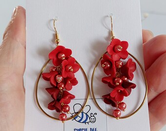 Red Flower Earrings Hoop Floral Earrings Long, Floral Jewelry Handmade Gift for Her