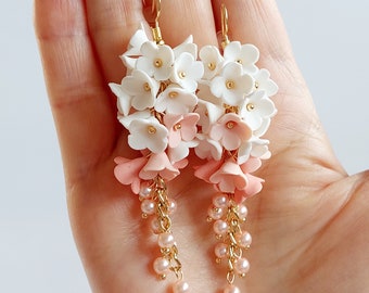 Floral Earrings Long Peach Wedding Earrings, Coral Earrings Bridesmaid Earrings Wedding Jewelry Handmade Gift For Her