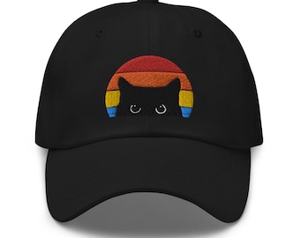 Chat noir brodé regardant le coucher du soleil vintage Cap Dad Hat