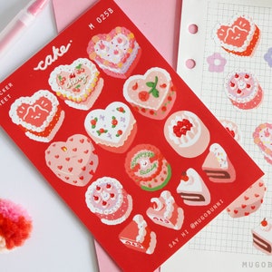 Cute vinyl Vintage Valentines heart love Cake Red Sticker Sheet for Planners and Journaling