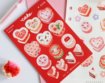 Cute vinyl Vintage Valentines heart love Cake Red Sticker Sheet for Planners and Journaling