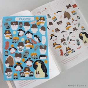 Hoja de pegatinas de pingüinos y mugobunni