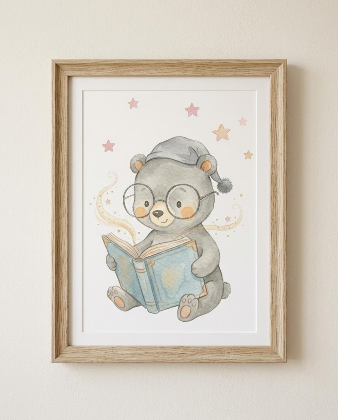 Bear Cub Reading Book Wall Art, Educational Nursery Decor, Minimalist ...