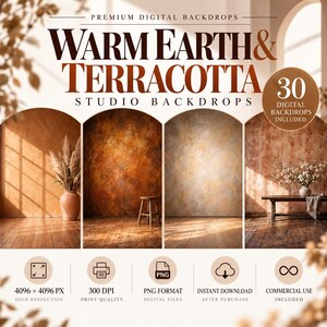 Könnte beinhalten: Eine Sammlung von 30 digitalen Hintergründen mit dem Titel Warm Earth & Terracotta Studio Backdrops. Das Bild zeigt vier gewölbte Wandszenen mit strukturierten Oberflächen in Braun-, Orange- und Beigetönen sowie Holzböden und Dekorationen.