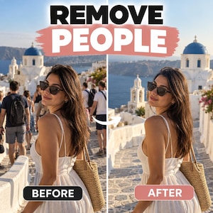 Könnte beinhalten: Eine geteilte digitale Grafik, die einen Vorher-Nachher-Vergleich eines Fotobearbeitungstools zeigt. Der Text REMOVE PEOPLE steht oben. Die linke Seite zeigt eine Person in einem weißen Kleid mit anderen im Hintergrund. Die rechte Seite zeigt dieselbe Person, wobei die Personen im Hintergrund entfernt wurden. Die Beschriftungen BEFORE und AFTER sind enthalten.