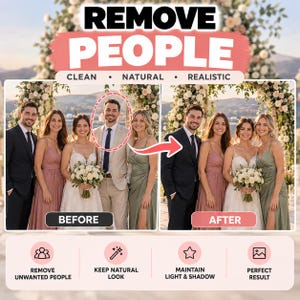 May include: A digital service advertisement titled REMOVE PEOPLE with the subtext CLEAN NATURAL REALISTIC. It displays a before and after comparison of a wedding party photo, showing the removal of a man in a beige suit, with icons below.