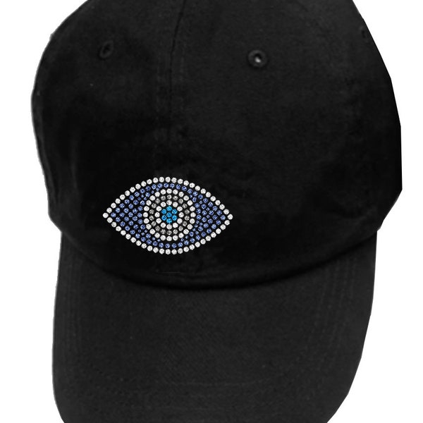 Bling Hi-Ponytail Baseball Cap with Evil Eye or Hamsa Rhinestone Decoration and Adjustable Back Strap / Reduced Price for 2 / Free Shipping