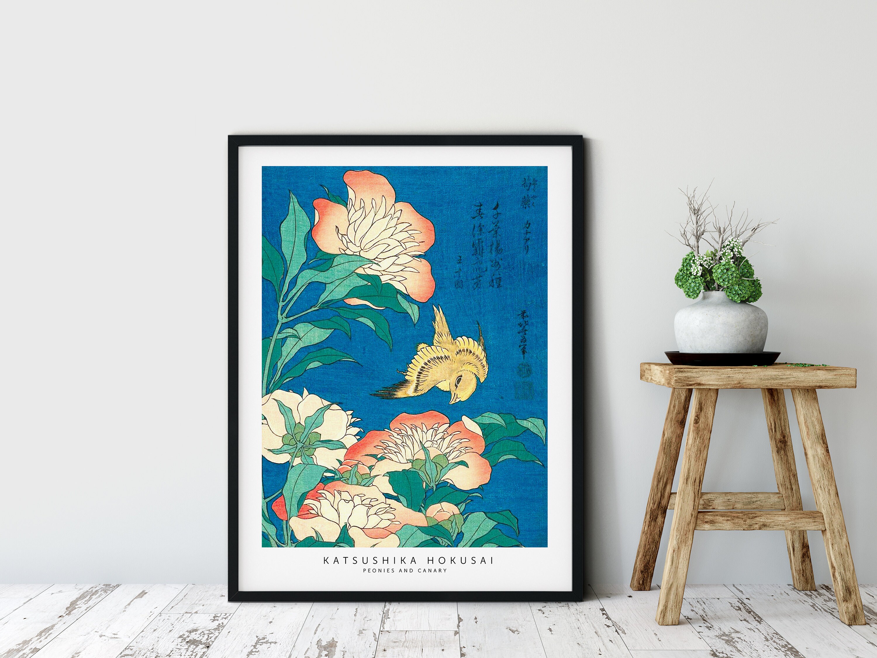 葛飾北斎の牡丹とカナリアの版画、ヴィンテージの日本の浮世絵アート