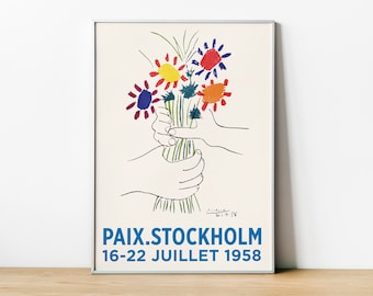 Pablo Picasso Bouquet of Peace, Minimalist Paix Stockholm 1958, Picasso Line Art, Digital Download, Home Wall Decor Sketches