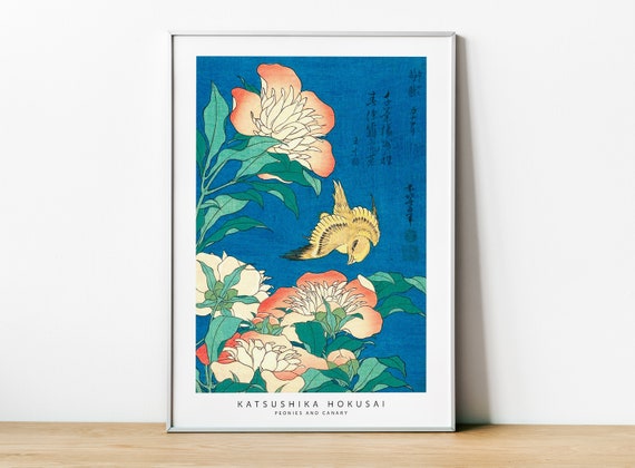 葛飾北斎の牡丹とカナリアの版画、ヴィンテージの日本の浮世絵アート