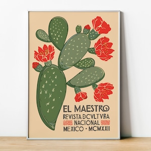 El Maestro Revista Nacional Mexico poster, Mexico Magazine cover print framed poster, cactus flower vintage print, Wall Art, Home Wall Decor