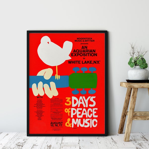 affiche d'art vintage de Woodstock, estampe Music Art Fair, affiche An Aquarian Exposition White Lake, Woodstock encadré, objets de collection, rock and roll