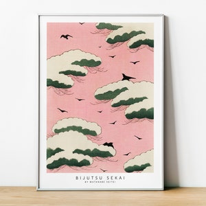Bijutsu Sekai, Pink Sky Illustration by Watanabe Seitei, Vintage Japanese Woodblock Print, Home Wall Decor, Japanese Framed Art