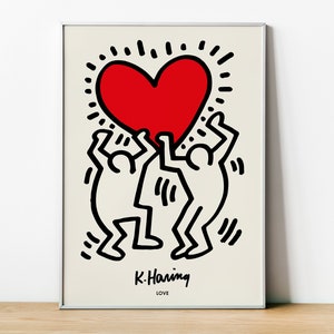 Impresión de arte de pared de Keith Haring Love Red Heart, Póster de arte moderno colorido, Impresión de exposición roja, Impresión de artista famoso, Decoración de pared de galería para el hogar