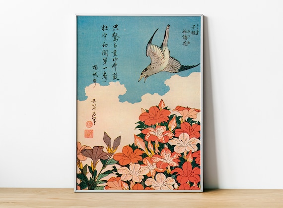 Hokusai Bird and Azalea Print, Vintage Japanese Art (digital