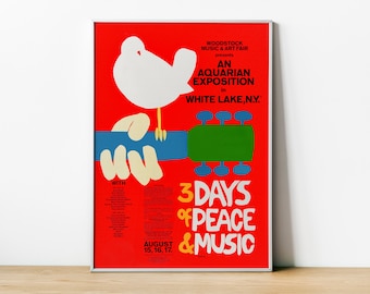 Vintage Woodstock Art Poster, Music Art Fair print, An Aquarian Exposition White Lake poster, Woodstock Framed, Collectibles, Rock And Roll